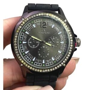 Techno KING Watch Black Chronograph Rhinestone Bezel Silicone Strap